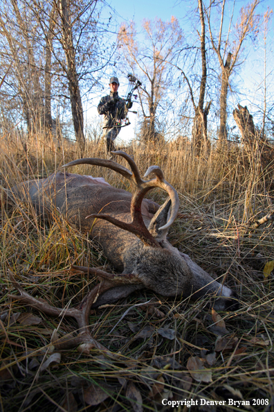 Bowhunter approaching Whitetail Deer