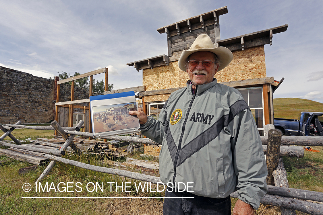Dusty Don Waite building replica of Charlie Russel painting in Utica, Montana.