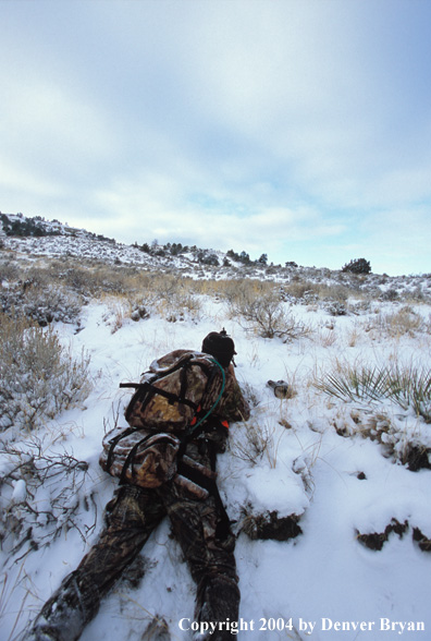 Big game hunter aiming/shooting.