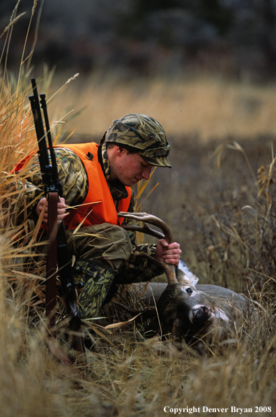 White-tailed deer hunter with downed deer