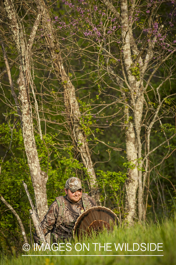 Turkey hunter with bagged turkey in field.