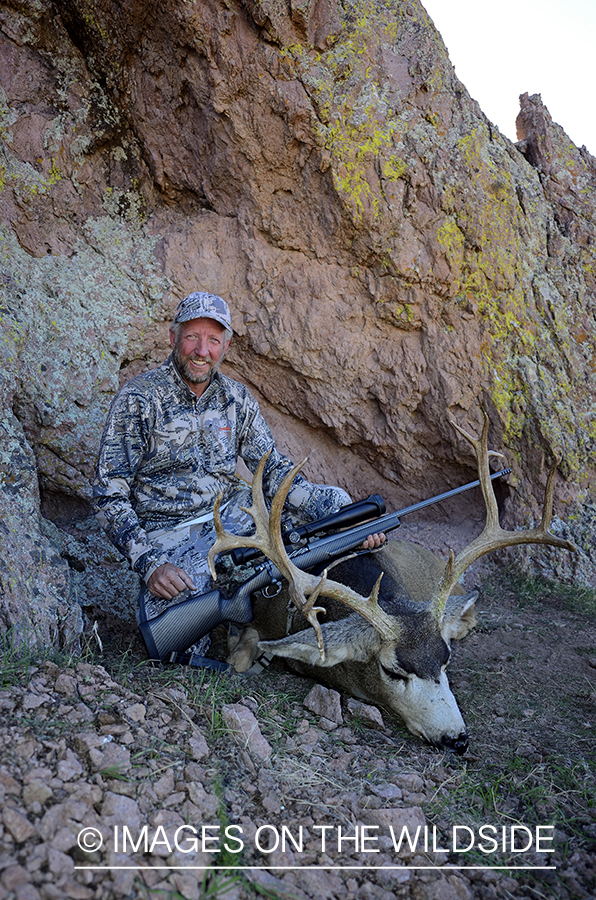Hunter with downed mule deer.