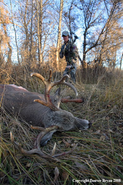 Bowhunter approaching Whitetail Deer