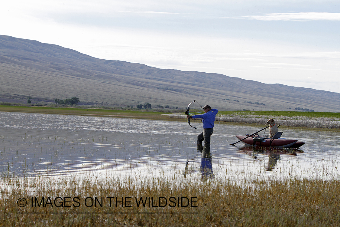 Bowfisherman aiming at fish.