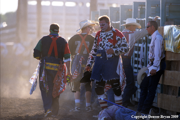 Rodeo clowns in arena