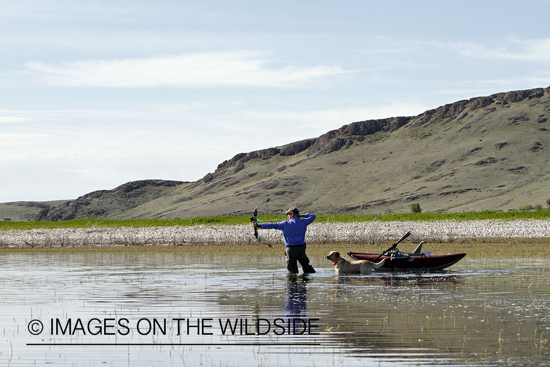 Bowfisherman aiming at fish.