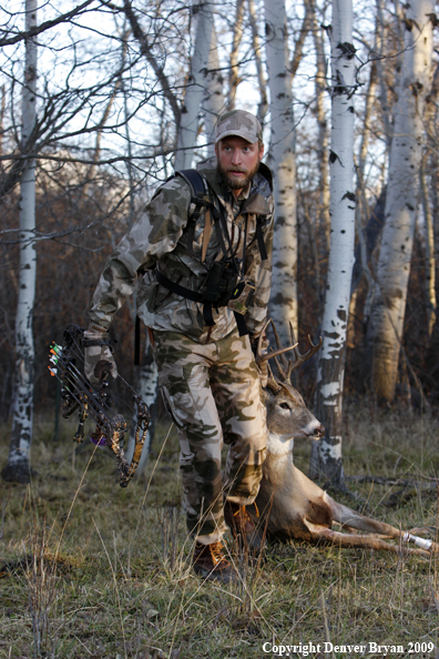 Bowhunter with bagged whitetail buck.
