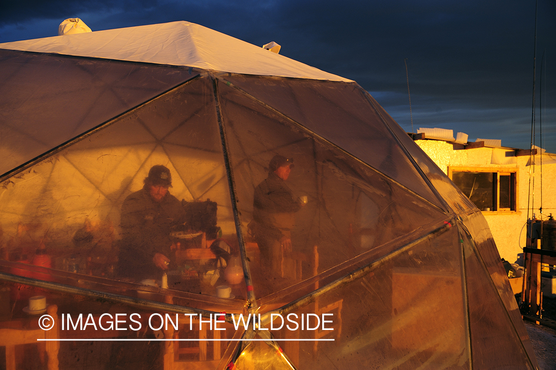 Flyfishing camp during sunset on shores of Jurassic Lake, Argentina.