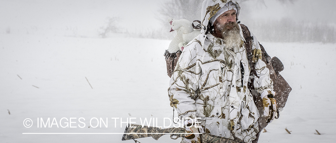 Hunter in winter with goose decoys.