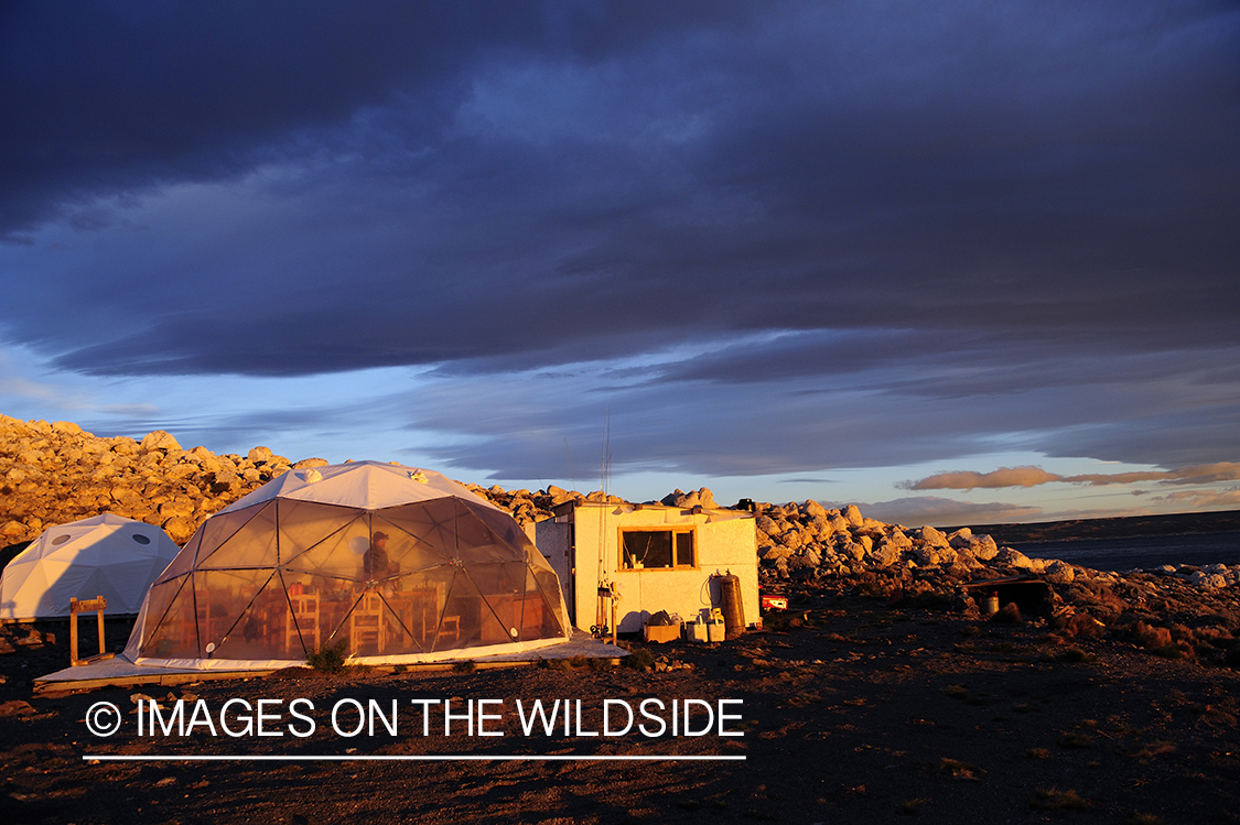 Flyfishing camp during sunset on shores of Jurassic Lake, Argentina.