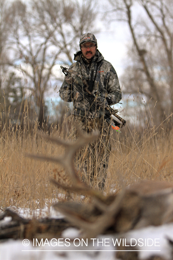 Bowhunter approaching downed white-tailed buck.