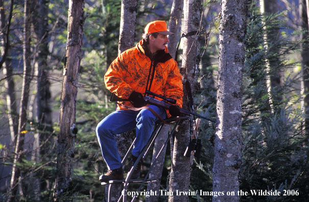 BIg game hunter sitting in tree stand in field during winter.
