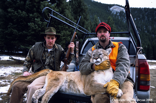 Mountain lion hunters with kill