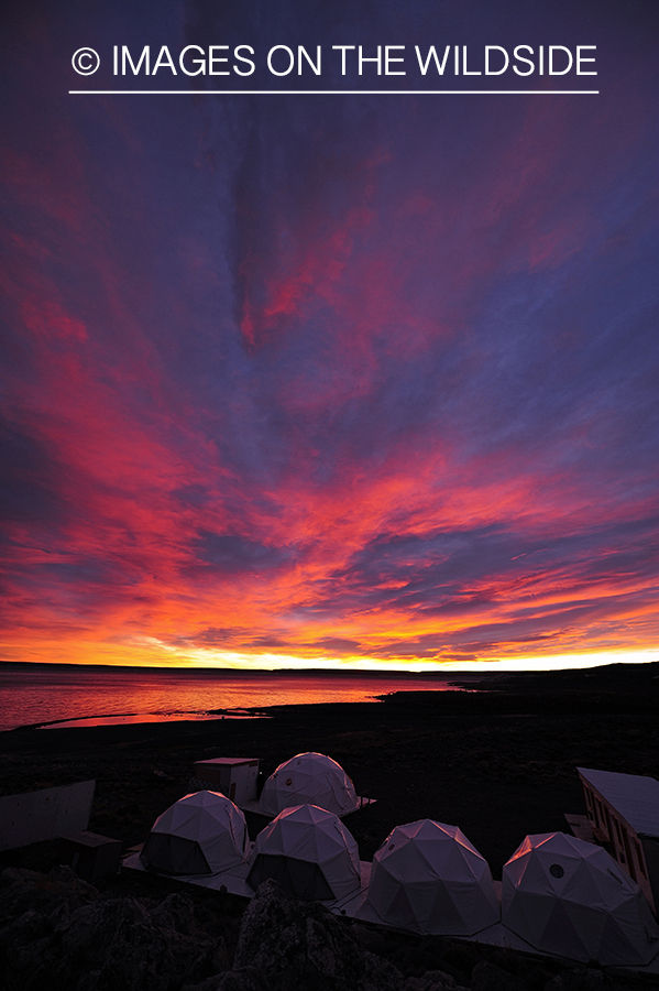 Flyfishing camp during sunset on shores of Jurassic Lake, Argentina.