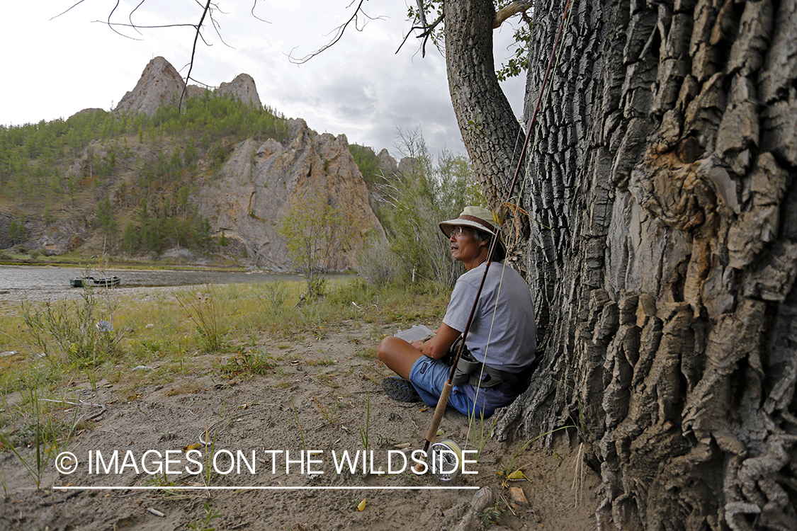 Flyfisherman sitting under poplar tree overlooking Delger River, Mongolia.