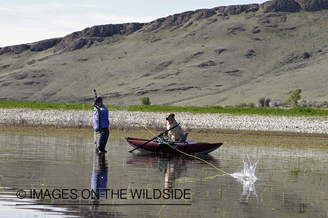 Bowfisherman shooting at fish.