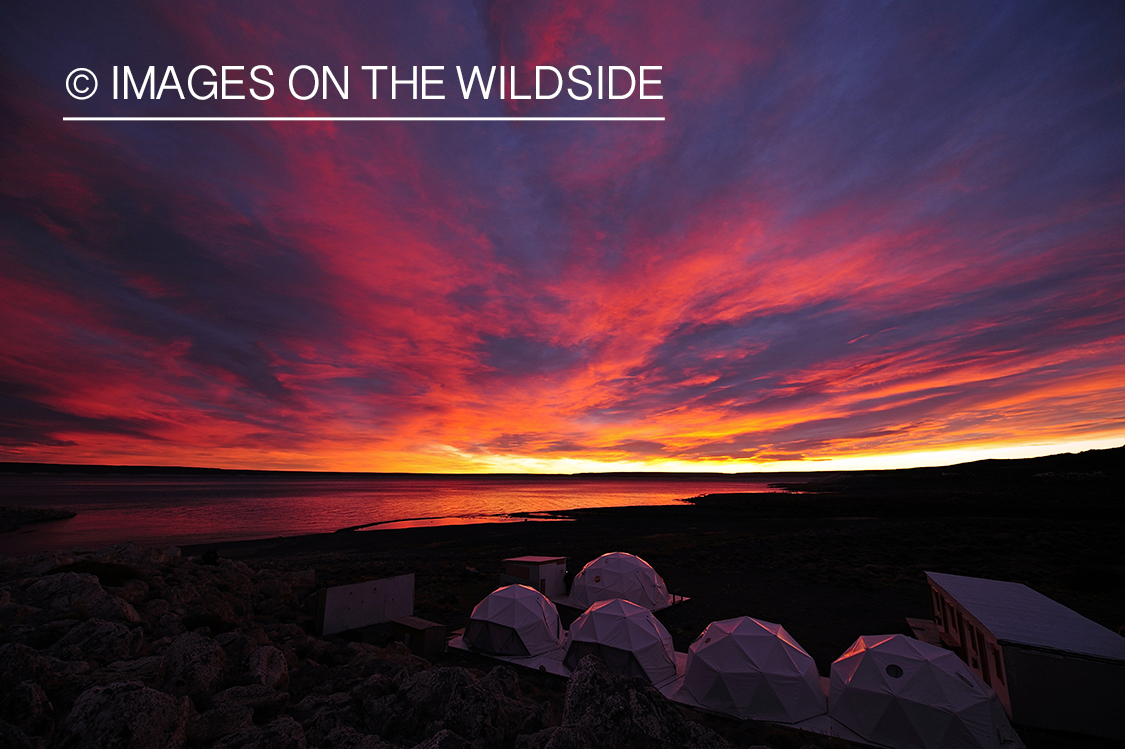 Flyfishing camp during sunset on shores of Jurassic Lake, Argentina.