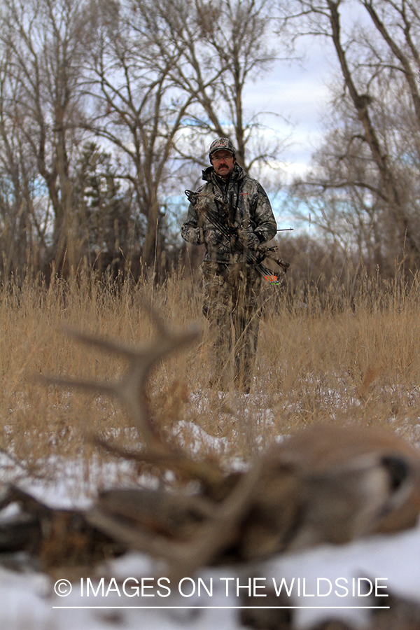 Bowhunter approaching downed white-tailed buck.