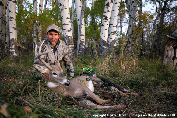 Bowhunter with downed white-tailed buck.