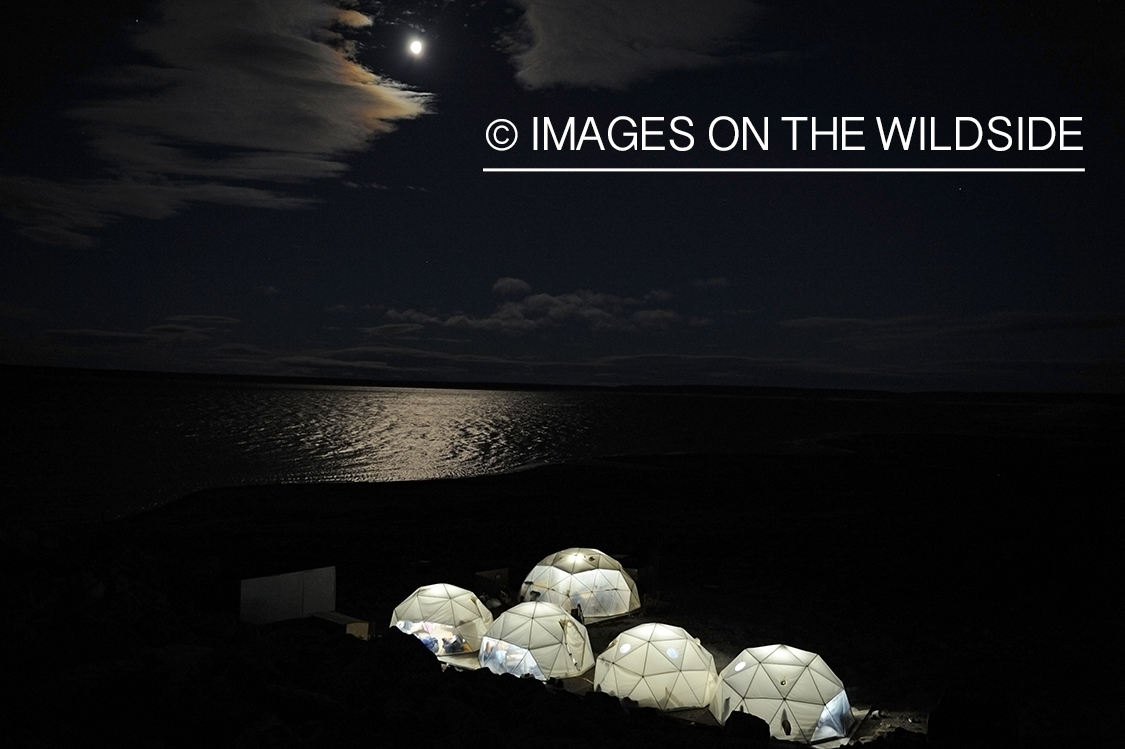 Flyfishing camp during night on shores of Jurassic Lake, Argentina.