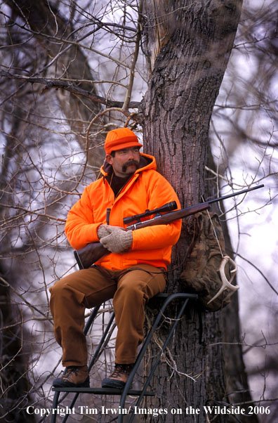 Big game hunter sitting in tree stand.