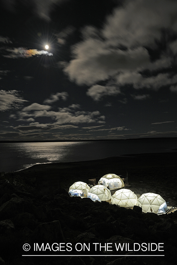 Flyfishing camp during night on shores of Jurassic Lake, Argentina.
