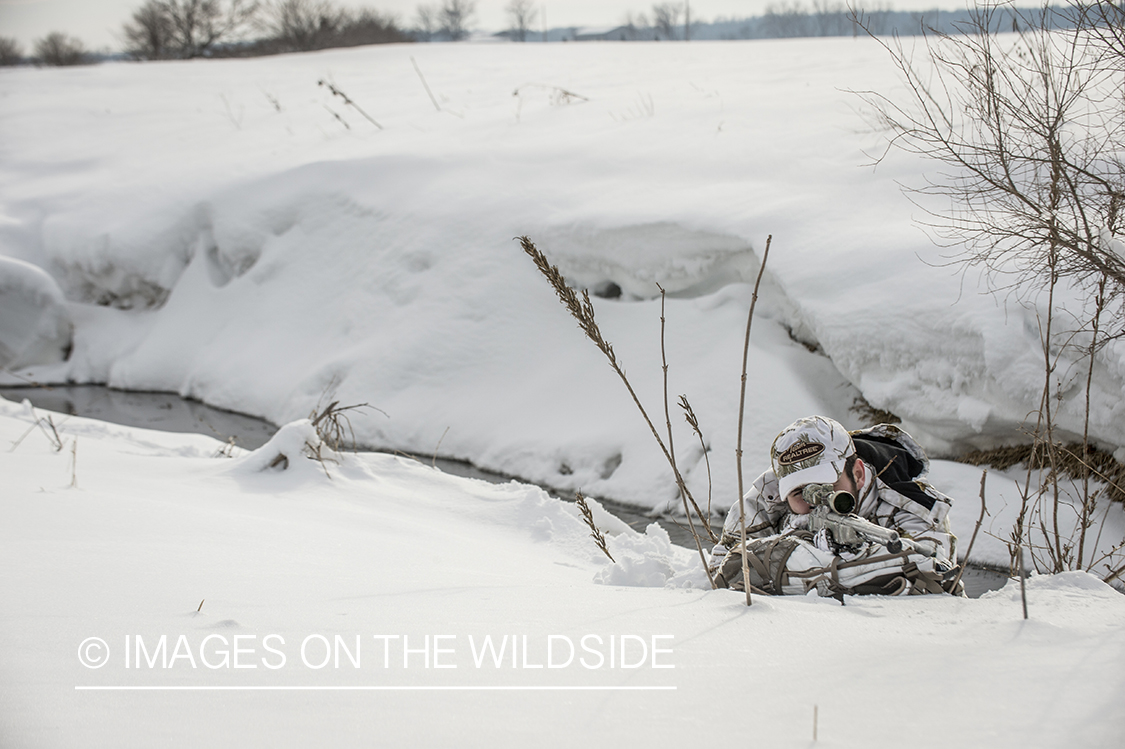 Hunter in winter with goose decoys.
