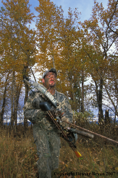 Bow hunter in forest.