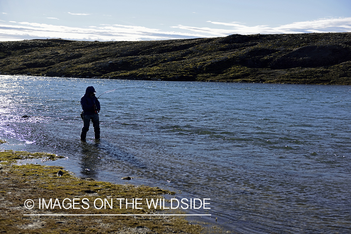 Flyfisherman fighting with Arctic Char.