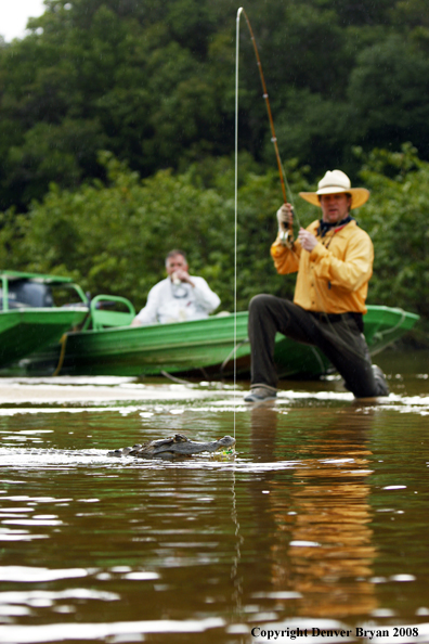 Flyfisherman snagging caimen