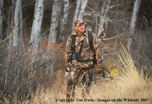 Bowhunter packing caped mule deer.