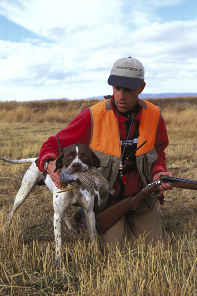 Upland bird hunters with English Pointer and game.
