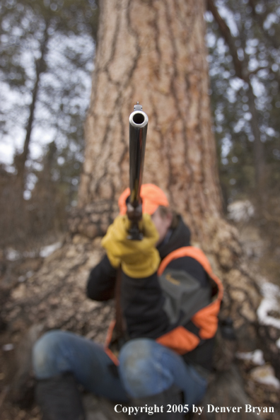 Big game hunter aiming/firing at game.