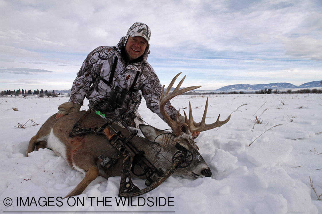 Bowhunter with bagged white-tailed deer.