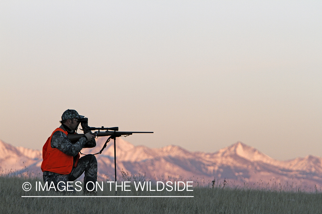 Big game hunter taking aim in field. 