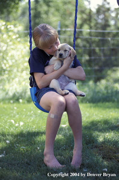 Child with yellow Labrador Retriever puppy