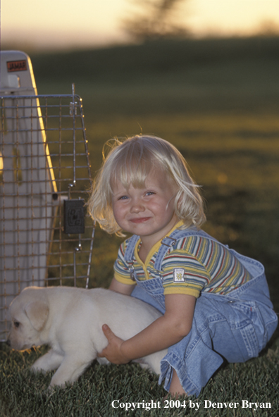 Child with yellow Labrador Retriever puppy