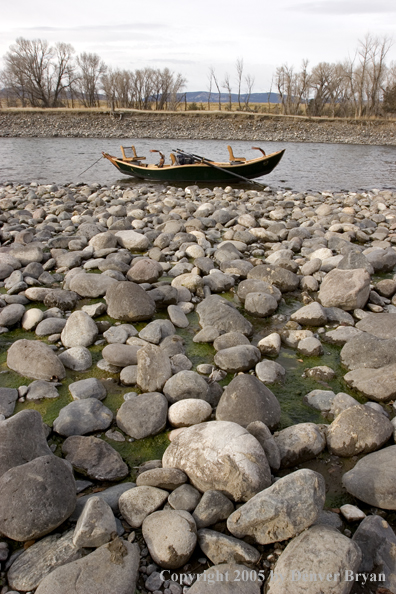 Wooden driftboat on Yellowstone River, Montana.