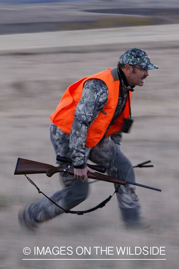Big game hunter stalking game in field.