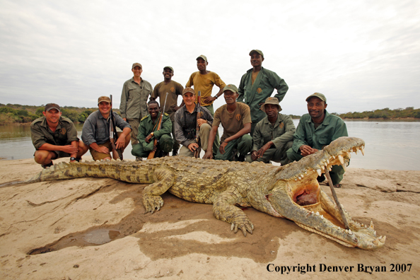 Hunters and guides with bagged African crocodile