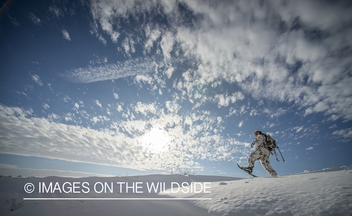 Bowhunter in winter landscape.