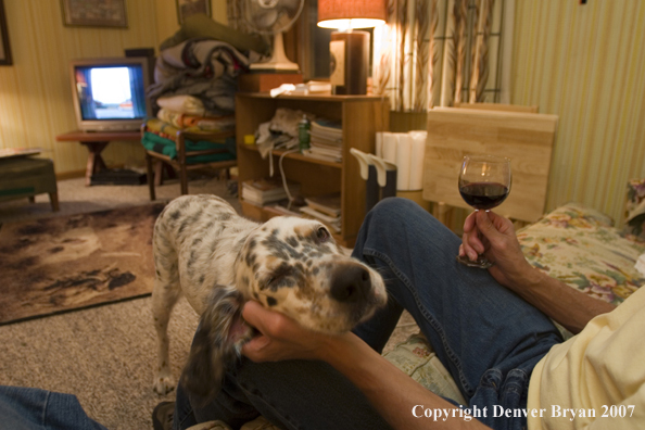 Upland game bird hunter resting with English Setter after day's hunt