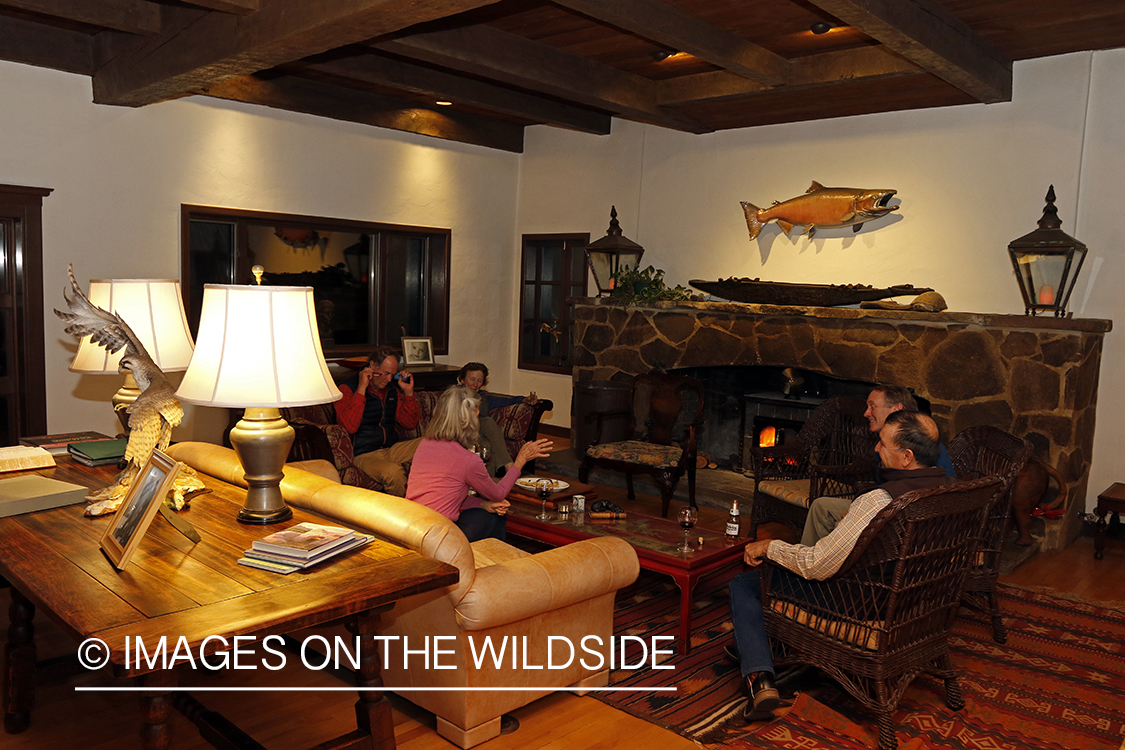 Upland game bird hunters in lodge.