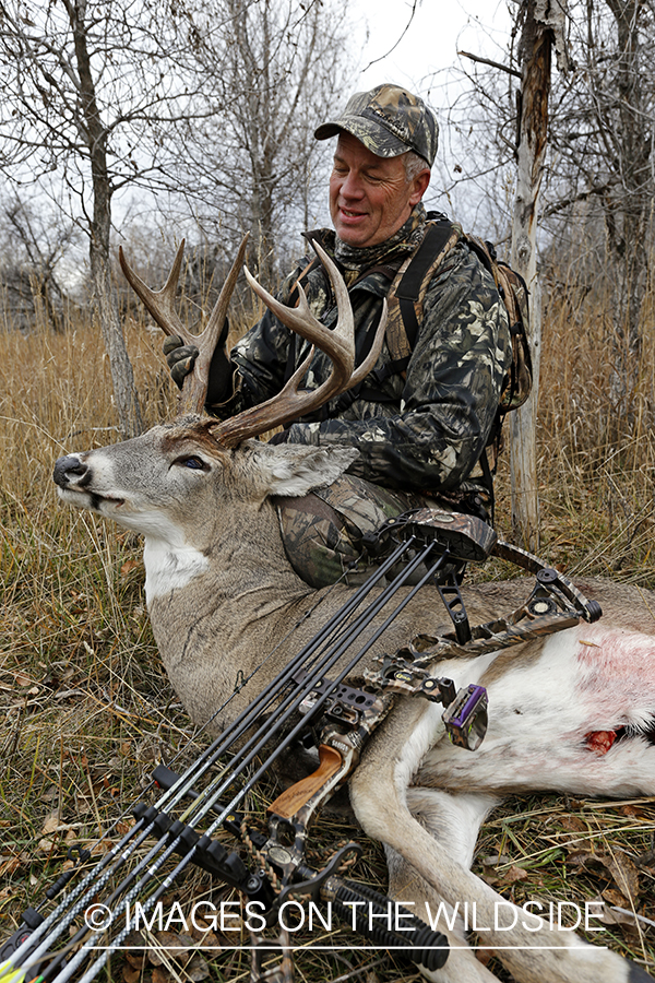 Bowhunter with bagged white-tailed buck.