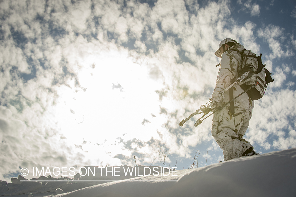 Bowhunter in winter landscape.