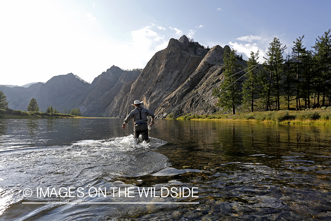 Flyfisherman wading through Delger River, Mongolia.