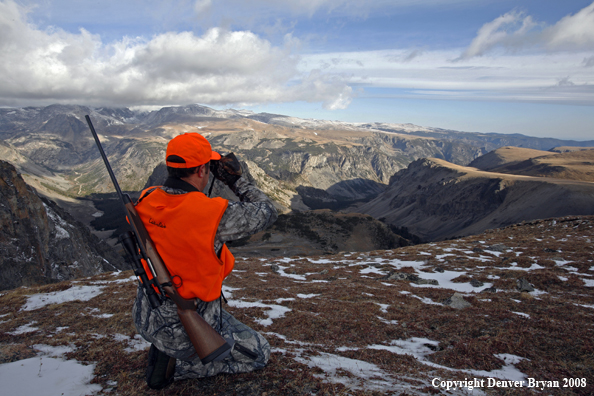 Rifle hunter scouting for big game over Beartooth Pass