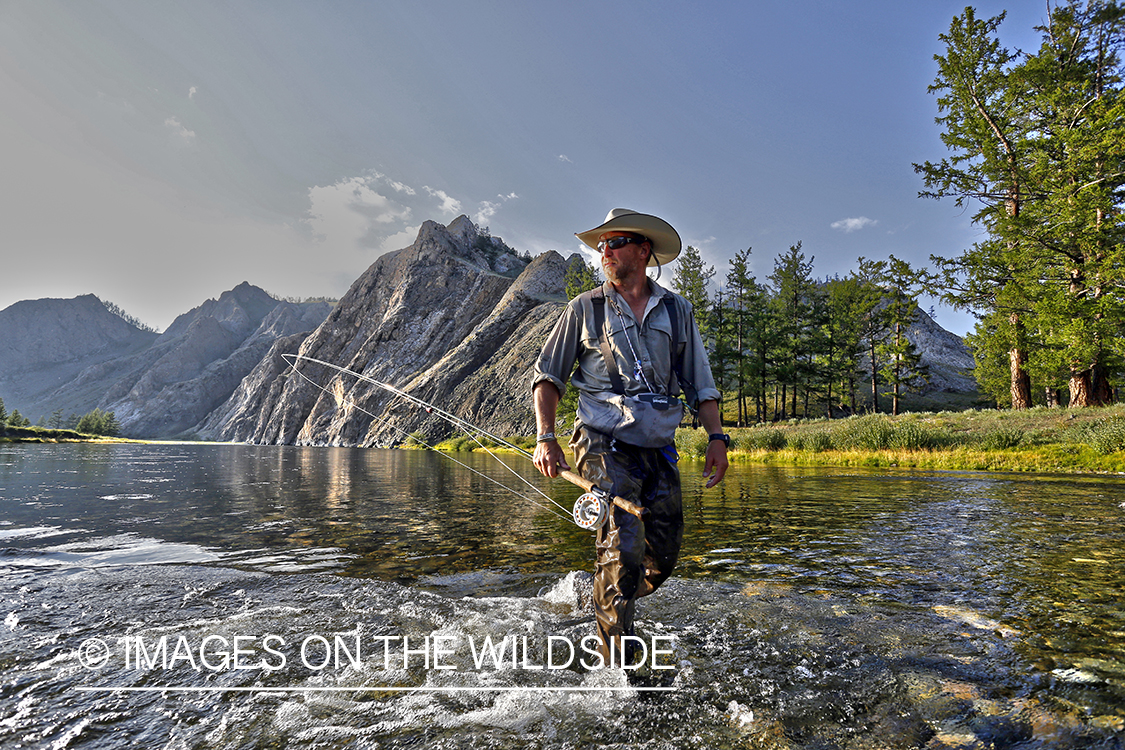 Flyfisherman wading through Delger River, Mongolia.