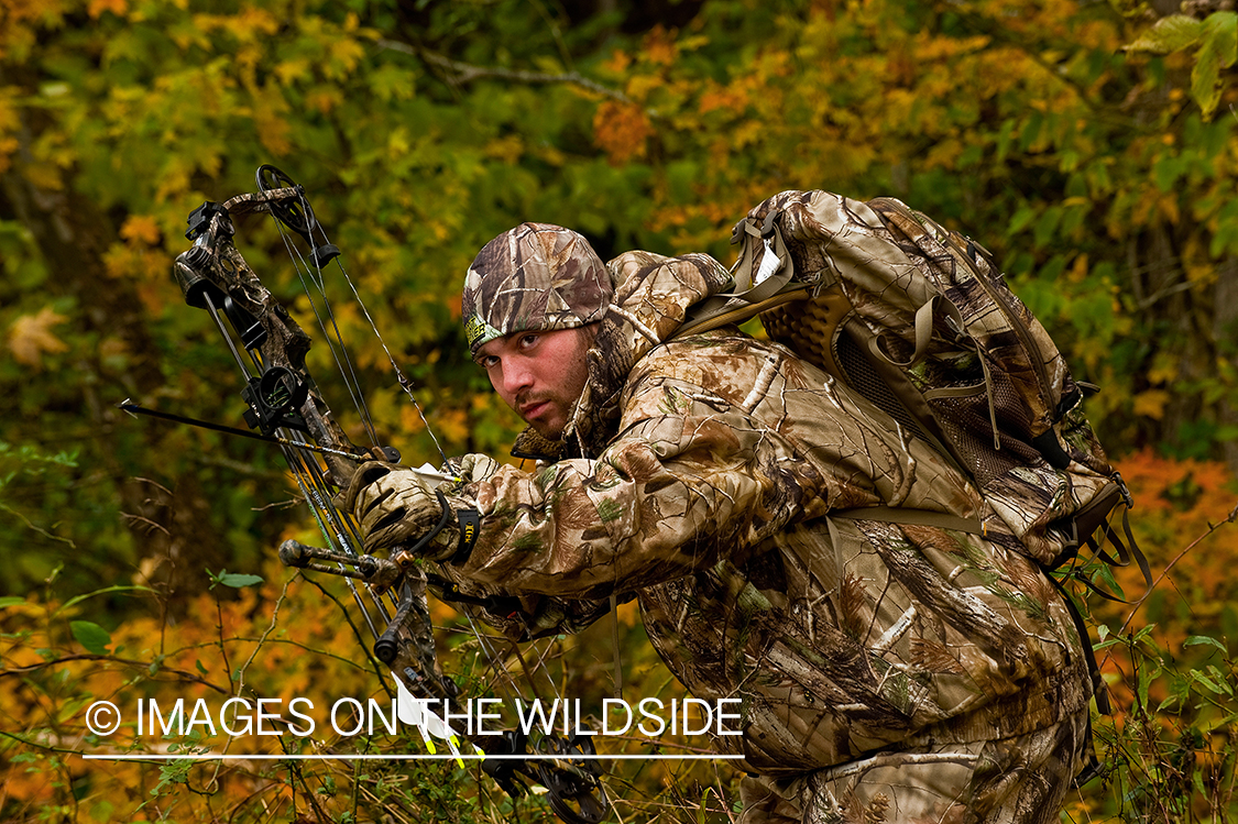 Bowhunter taking aim in field. 