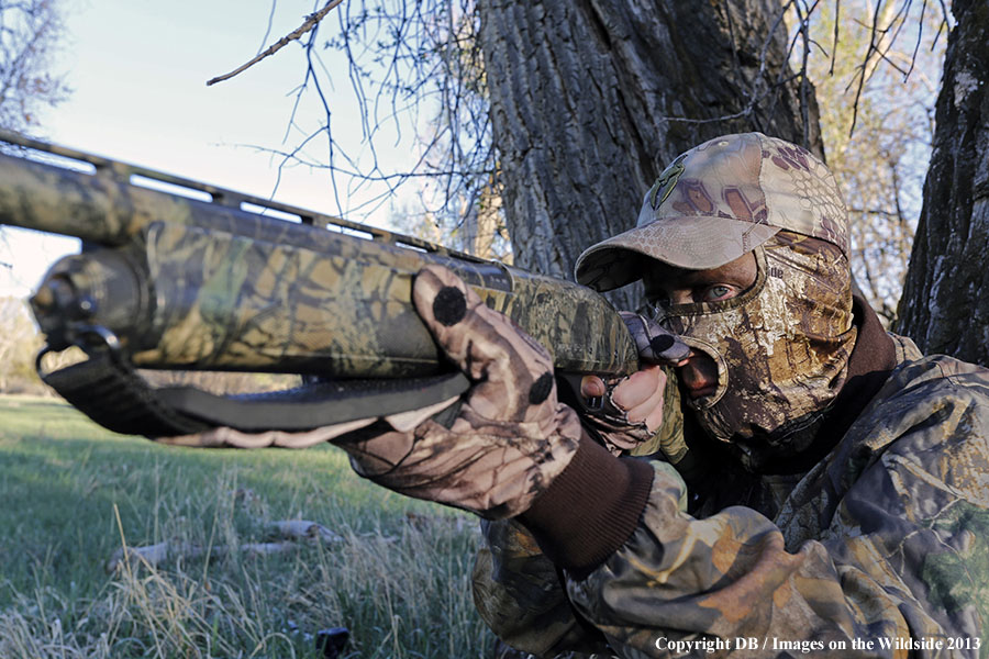 Turkey hunter aiming in field.